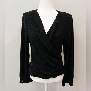 NWT Cold Water Creek Black Glitter Surplice Faux Wrap Long Sleeve Top Size M